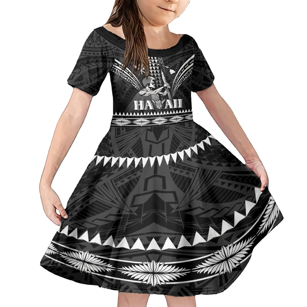 Personalised Hawaii Happy King Kamehameha Day Kid Short Sleeve Dress Kakau Pattern LT05 KID Black - Polynesian Pride