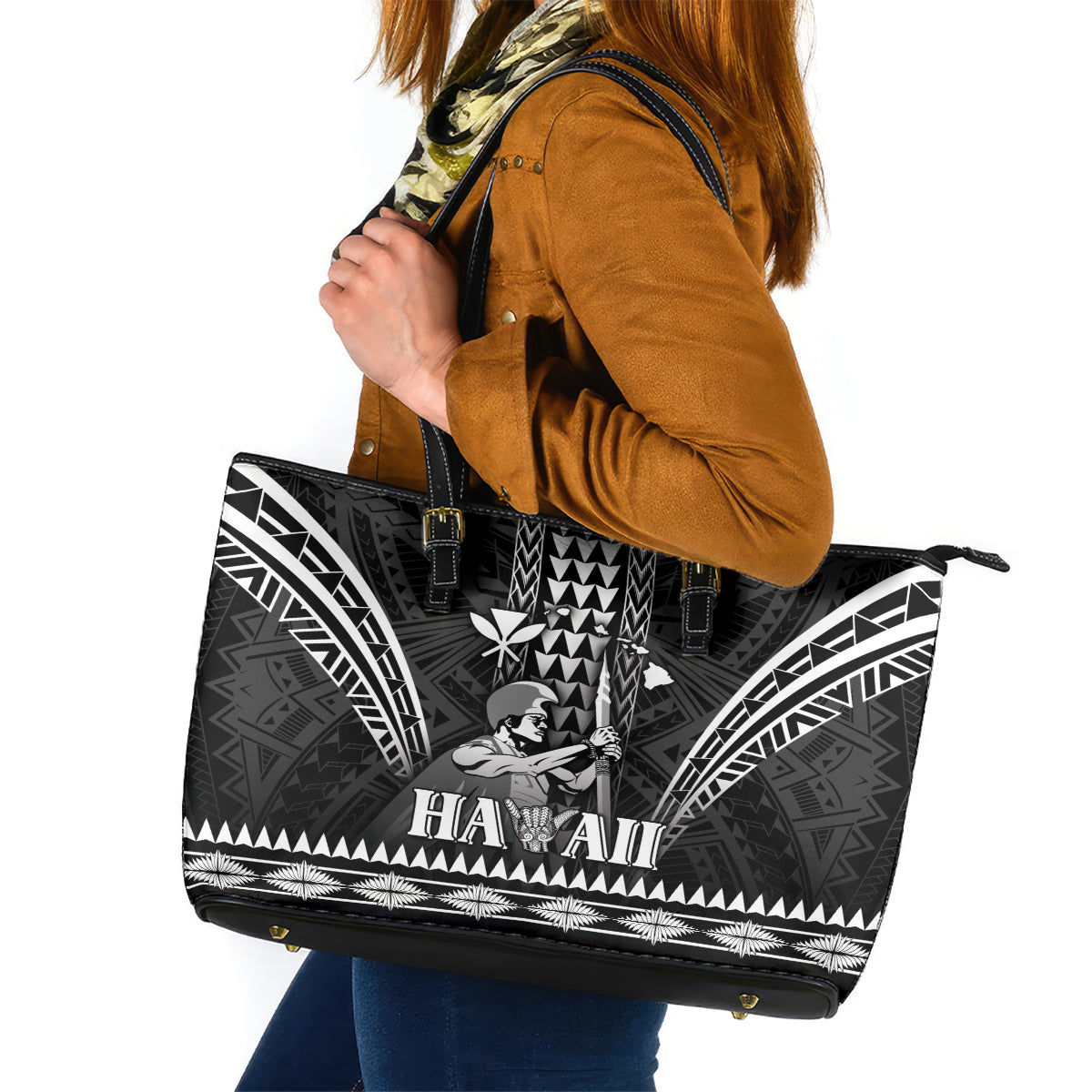 Hawaii Happy King Kamehameha Day Leather Tote Bag Kakau Pattern LT05 Black - Polynesian Pride