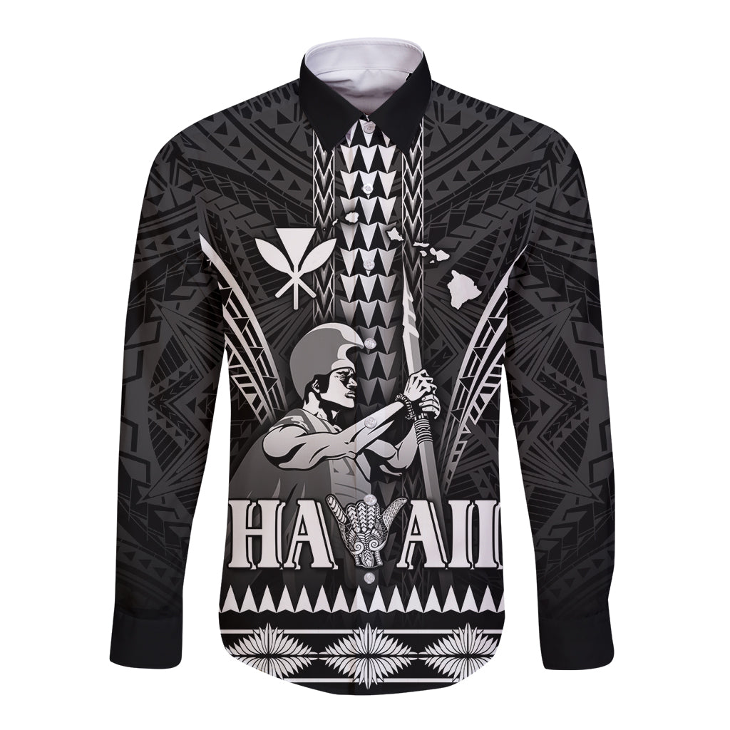 Personalised Hawaii Happy King Kamehameha Day Long Sleeve Button Shirt Kakau Pattern LT05 Unisex Black - Polynesian Pride