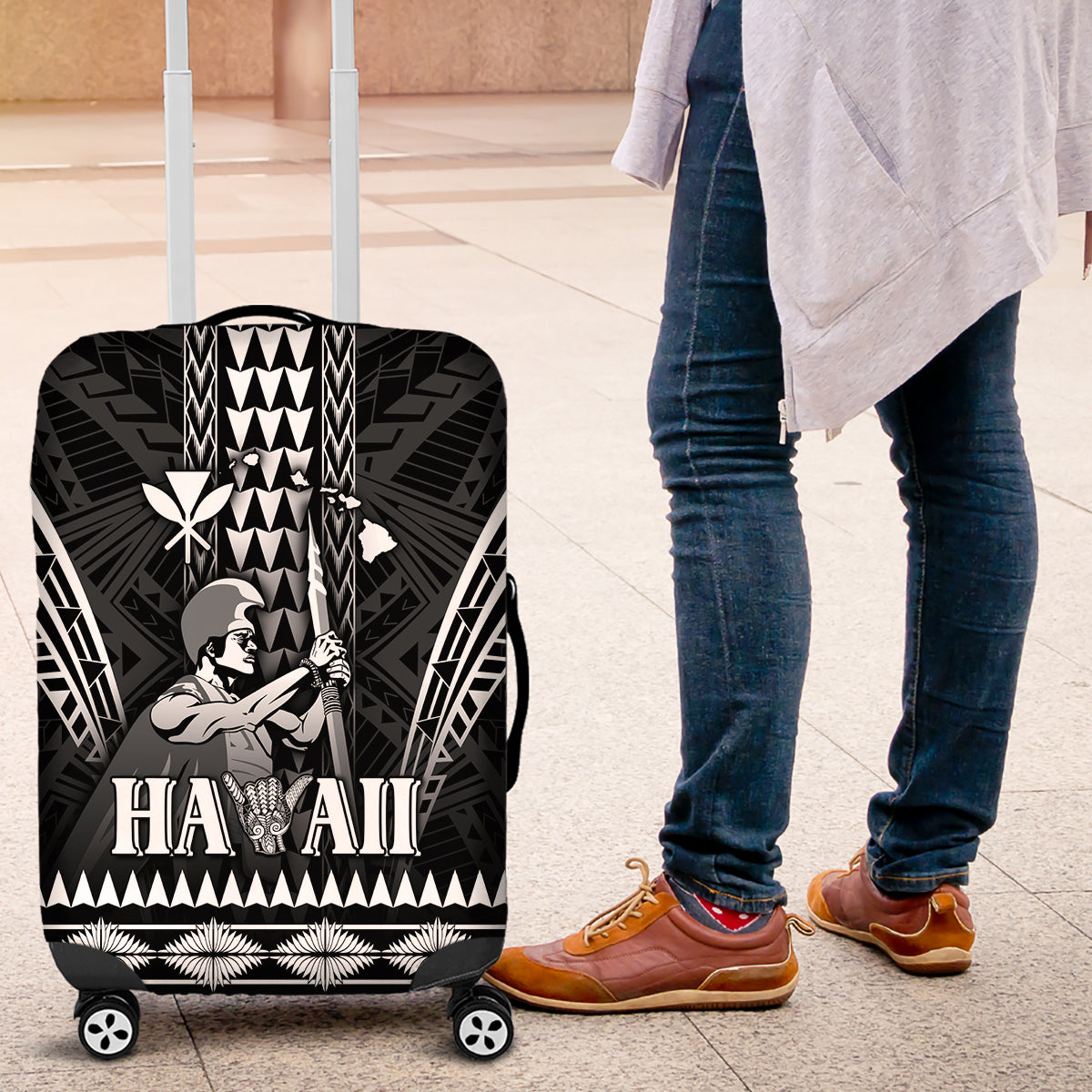 Hawaii Happy King Kamehameha Day Luggage Cover Kakau Pattern LT05 Black - Polynesian Pride