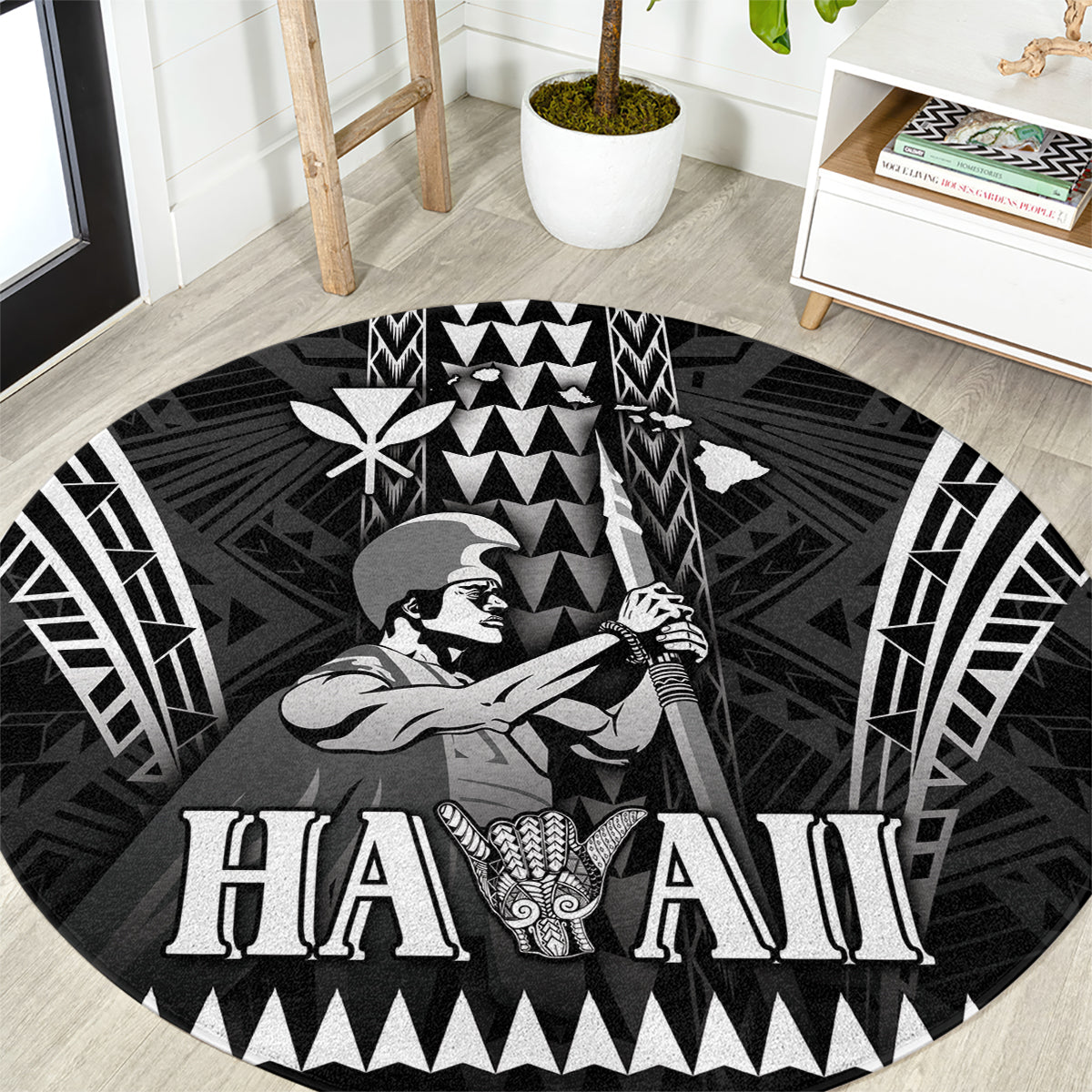 Hawaii Happy King Kamehameha Day Round Carpet Kakau Pattern LT05 Black - Polynesian Pride
