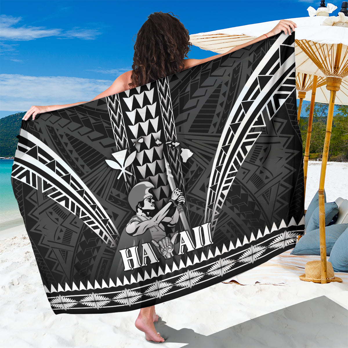 Hawaii Happy King Kamehameha Day Sarong Kakau Pattern LT05 One Size 44 x 66 inches Black - Polynesian Pride