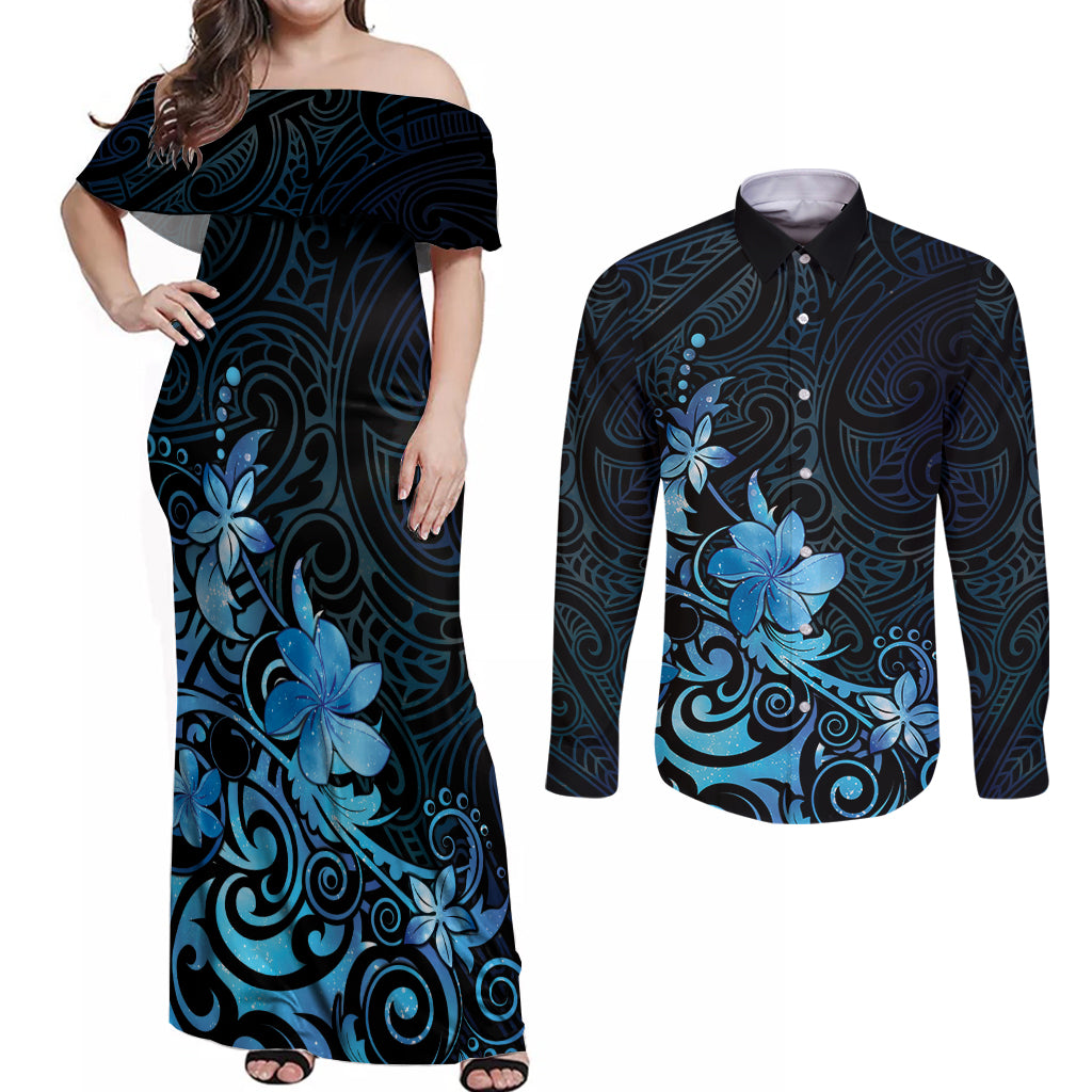 Matariki New Zealand Couples Matching Off Shoulder Maxi Dress and Long Sleeve Button Shirt Maori Pattern Blue Galaxy LT05 Blue - Polynesian Pride