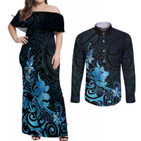 Matariki New Zealand Couples Matching Off Shoulder Maxi Dress and Long Sleeve Button Shirt Maori Pattern Blue Galaxy LT05 Blue - Polynesian Pride