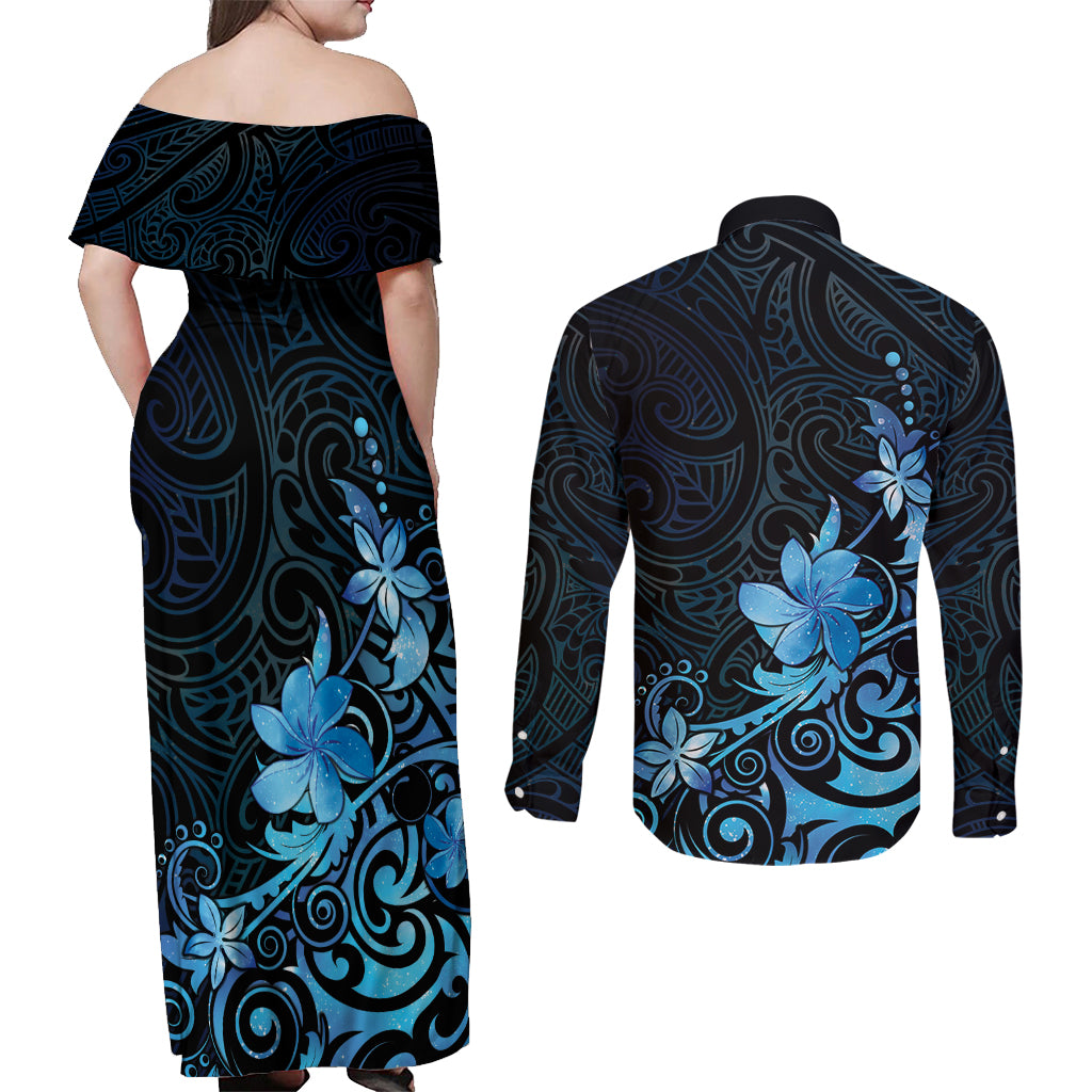 Matariki New Zealand Couples Matching Off Shoulder Maxi Dress and Long Sleeve Button Shirt Maori Pattern Blue Galaxy LT05 - Polynesian Pride
