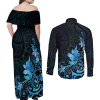 Matariki New Zealand Couples Matching Off Shoulder Maxi Dress and Long Sleeve Button Shirt Maori Pattern Blue Galaxy LT05 - Polynesian Pride