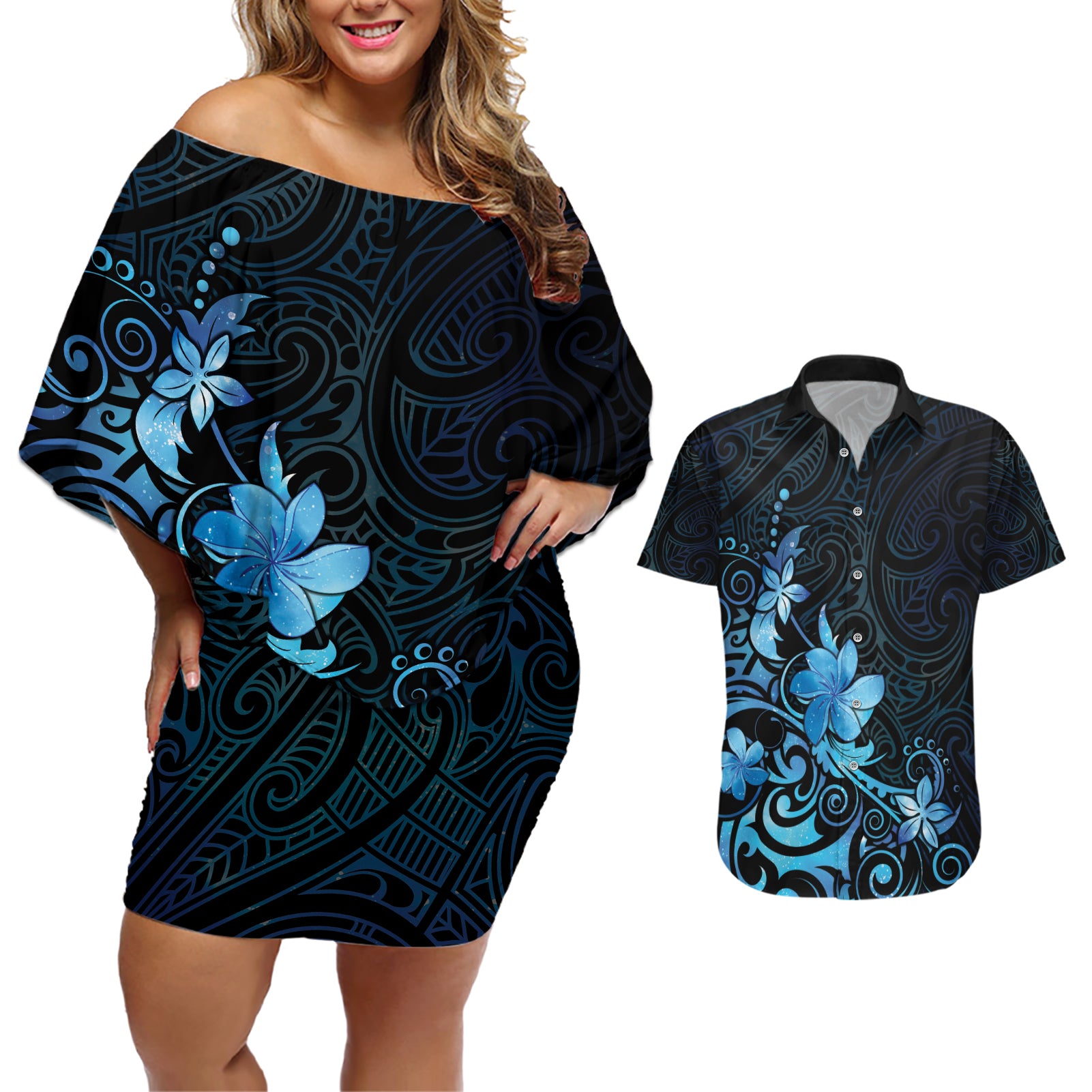 Matariki New Zealand Couples Matching Off Shoulder Short Dress and Hawaiian Shirt Maori Pattern Blue Galaxy