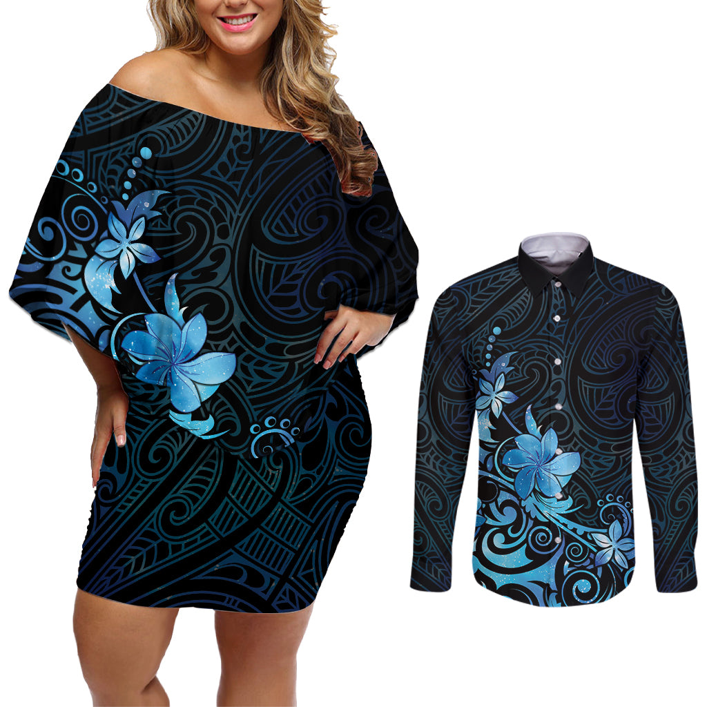 Matariki New Zealand Couples Matching Off Shoulder Short Dress and Long Sleeve Button Shirt Maori Pattern Blue Galaxy