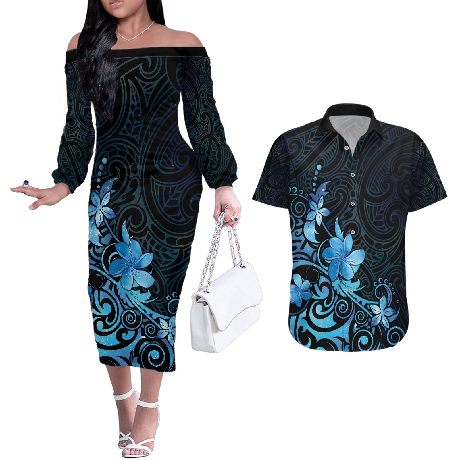 Matariki New Zealand Couples Matching Off The Shoulder Long Sleeve Dress and Hawaiian Shirt Maori Pattern Blue Galaxy