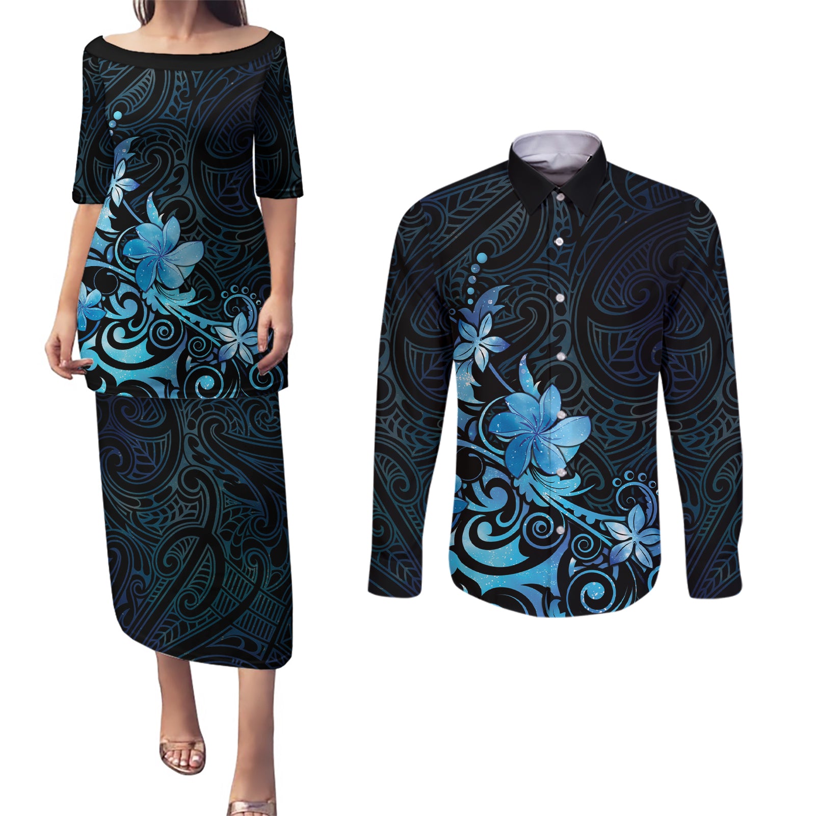 Matariki New Zealand Couples Matching Puletasi and Long Sleeve Button Shirt Maori Pattern Blue Galaxy