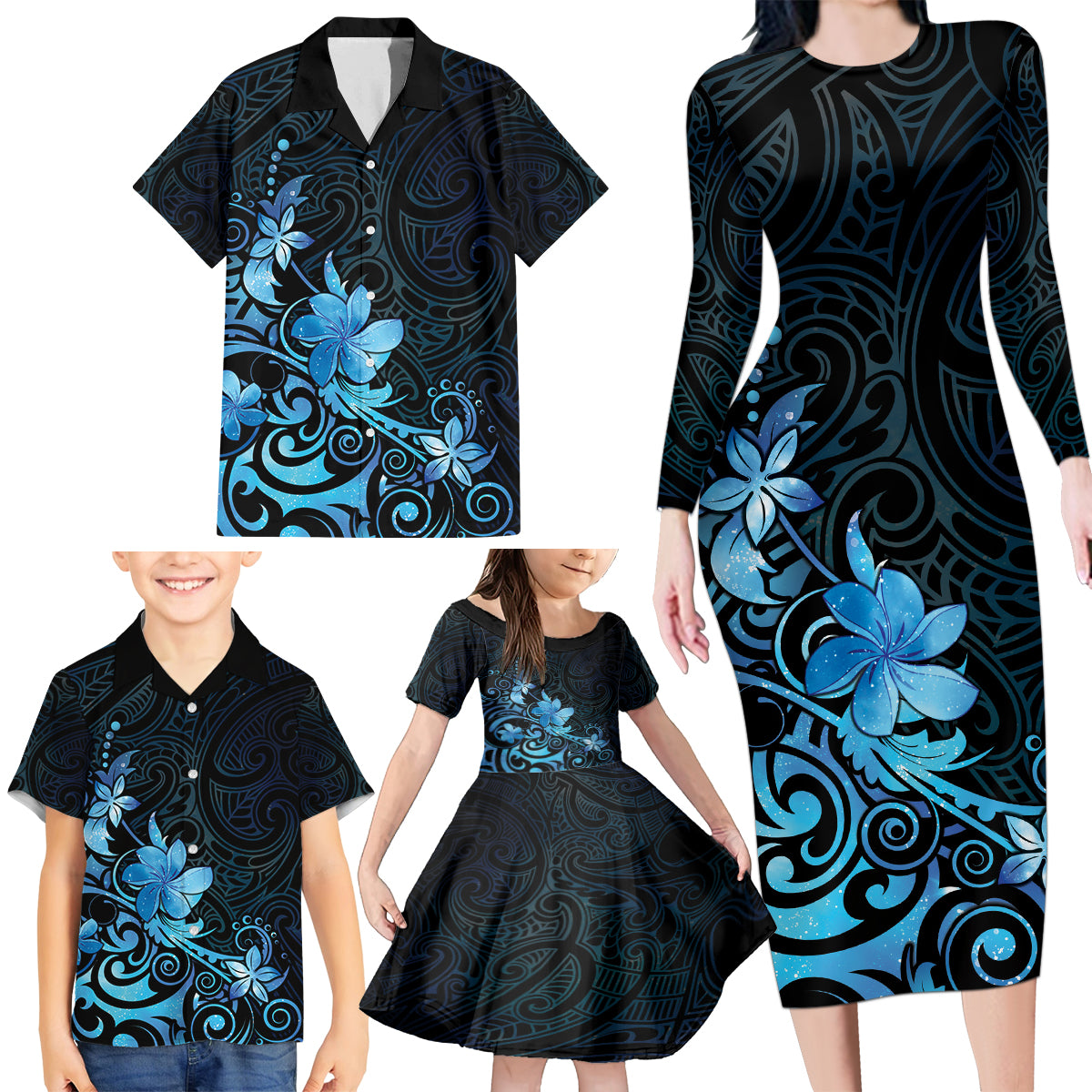 Matariki New Zealand Family Matching Long Sleeve Bodycon Dress and Hawaiian Shirt Maori Pattern Blue Galaxy