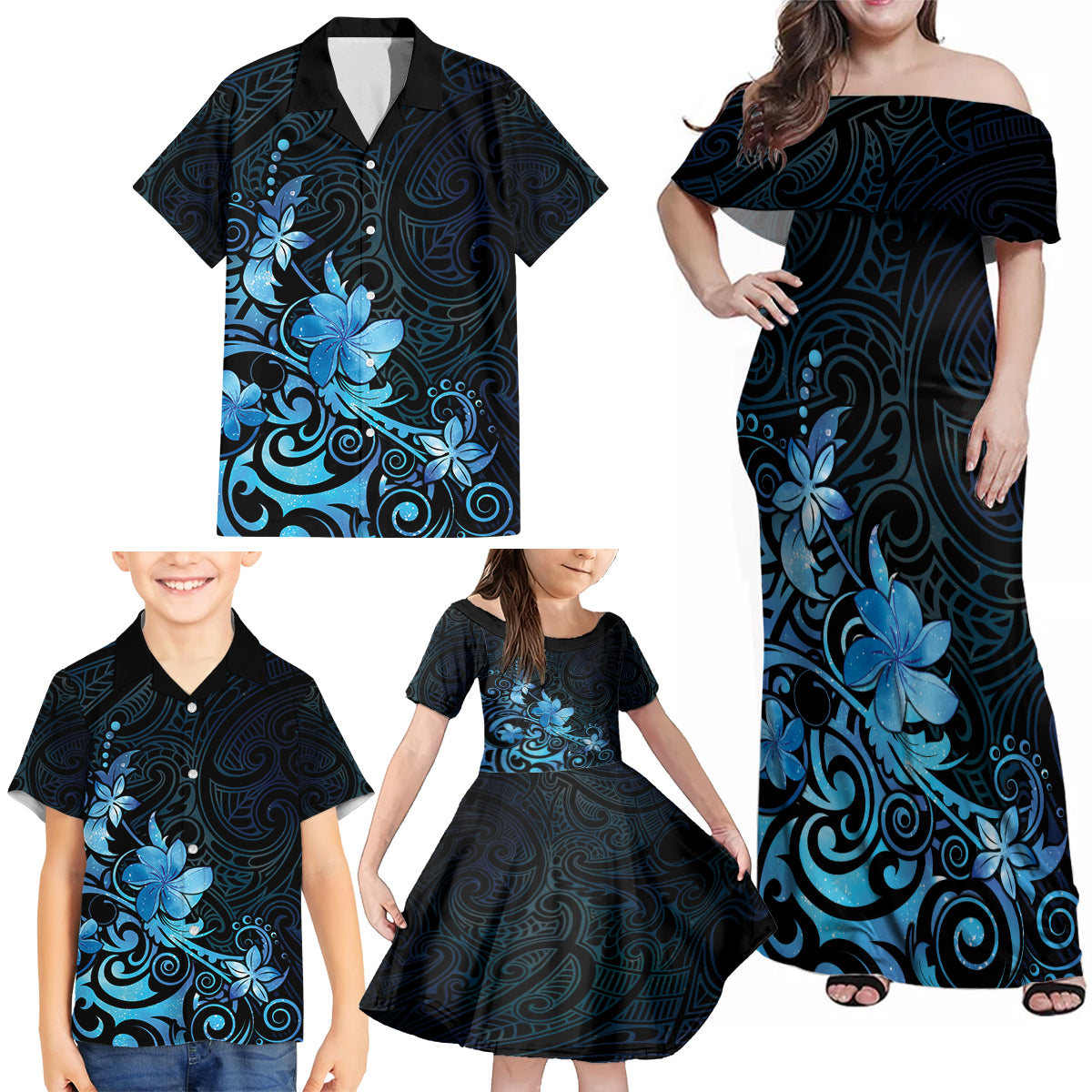 Matariki New Zealand Family Matching Off Shoulder Maxi Dress and Hawaiian Shirt Maori Pattern Blue Galaxy