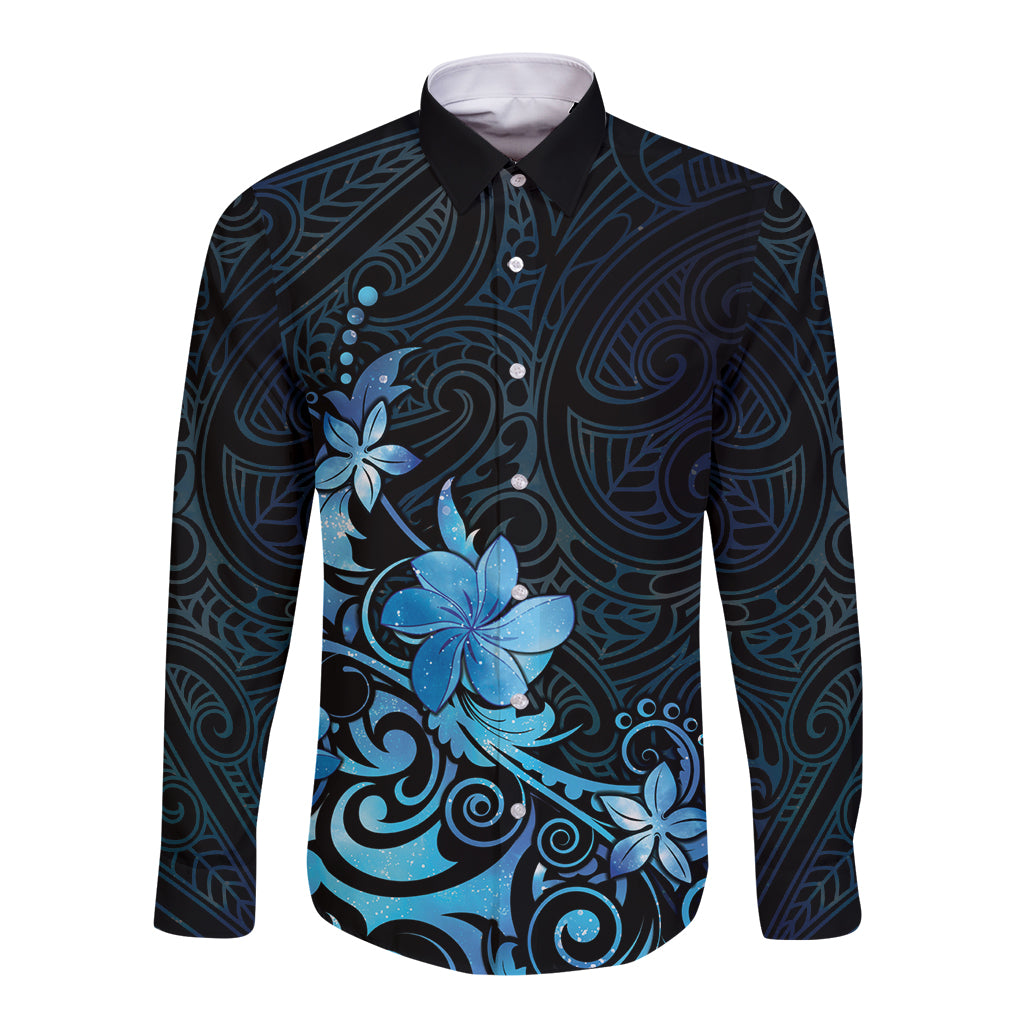 Matariki New Zealand Long Sleeve Button Shirt Maori Pattern Blue Galaxy