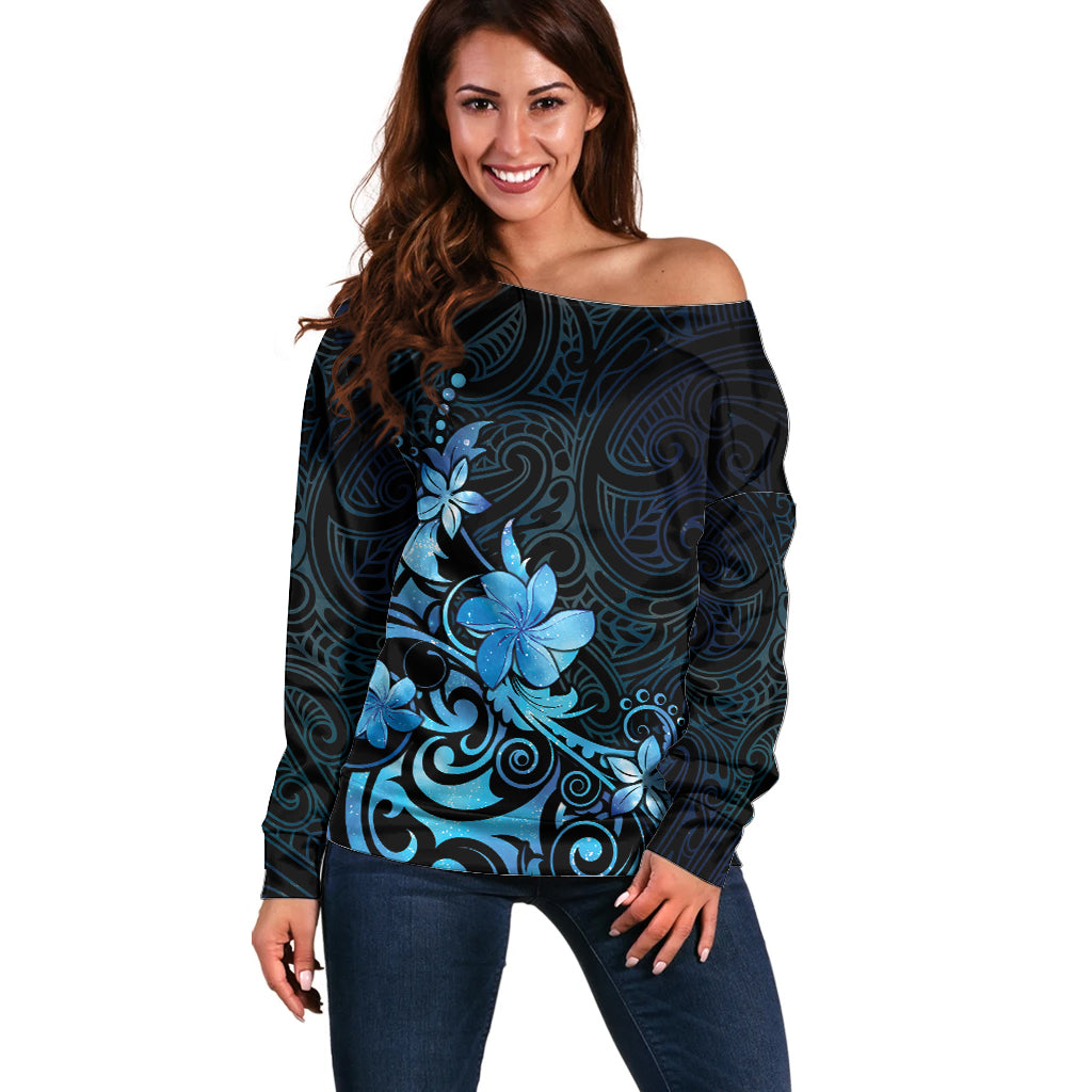 Matariki New Zealand Off Shoulder Sweater Maori Pattern Blue Galaxy LT05 Women Blue - Polynesian Pride