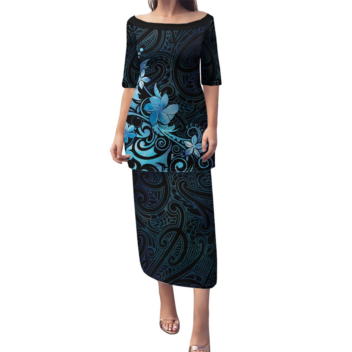 Matariki New Zealand Puletasi Maori Pattern Blue Galaxy LT05 Long Dress Blue - Polynesian Pride