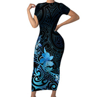 Matariki New Zealand Short Sleeve Bodycon Dress Maori Pattern Blue Galaxy LT05 Long Dress Blue - Polynesian Pride