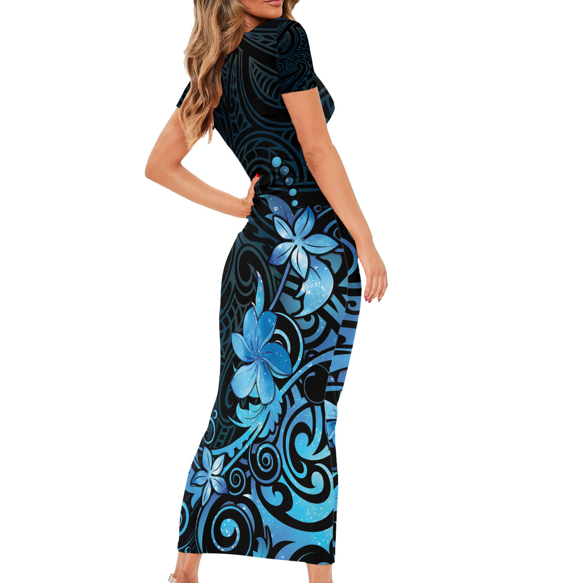 Matariki New Zealand Short Sleeve Bodycon Dress Maori Pattern Blue Galaxy LT05 - Polynesian Pride