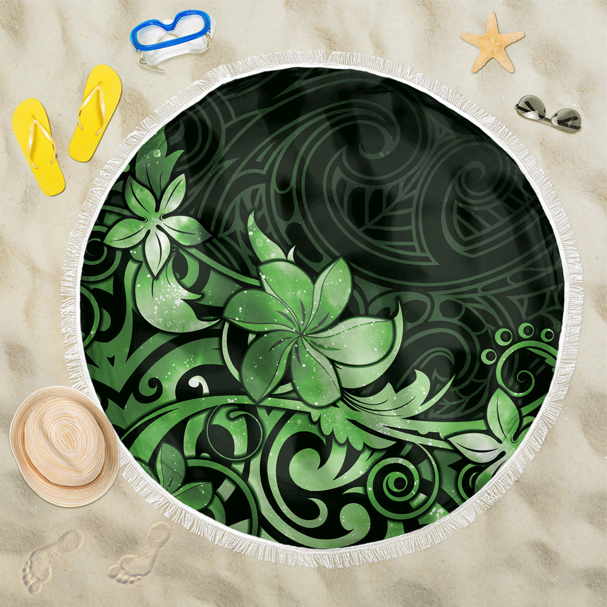 Matariki New Zealand Beach Blanket Maori Pattern Green Galaxy LT05 One Size 150cm Green - Polynesian Pride