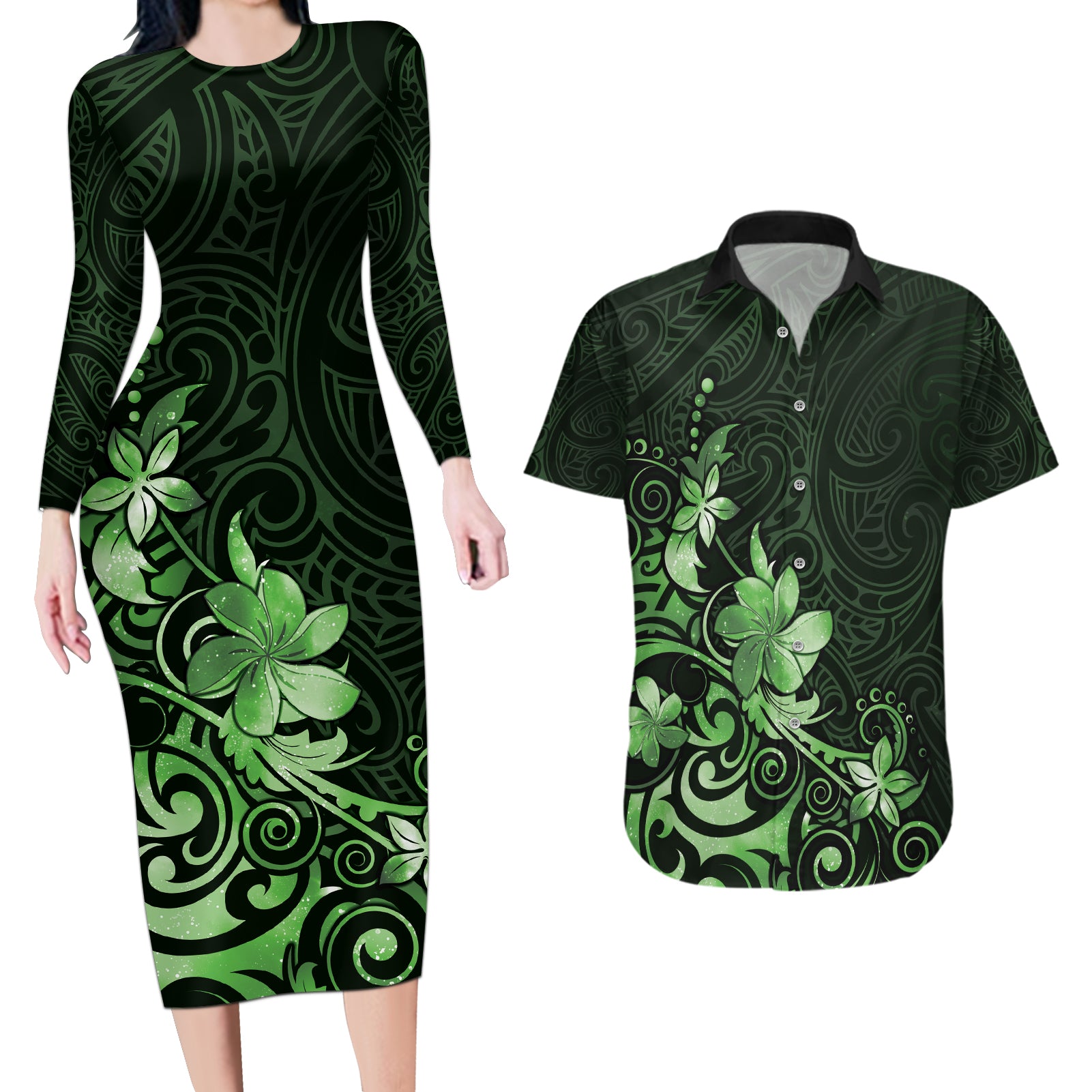 Matariki New Zealand Couples Matching Long Sleeve Bodycon Dress and Hawaiian Shirt Maori Pattern Green Galaxy