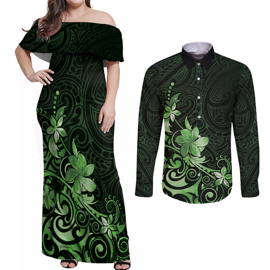 Matariki New Zealand Couples Matching Off Shoulder Maxi Dress and Long Sleeve Button Shirt Maori Pattern Green Galaxy