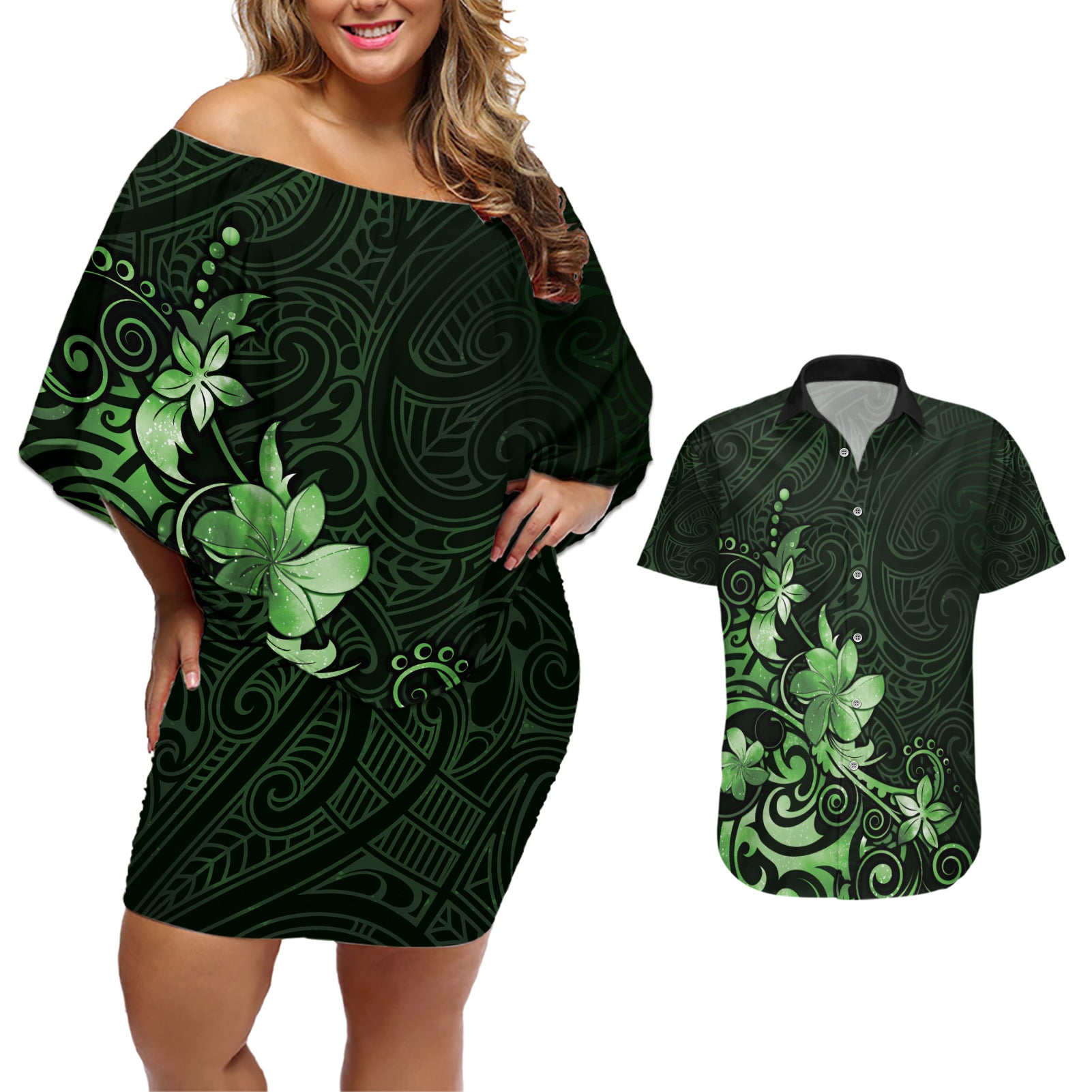 Matariki New Zealand Couples Matching Off Shoulder Short Dress and Hawaiian Shirt Maori Pattern Green Galaxy