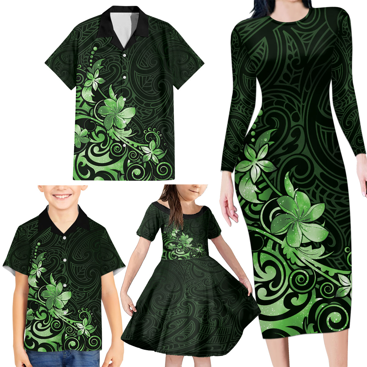 Matariki New Zealand Family Matching Long Sleeve Bodycon Dress and Hawaiian Shirt Maori Pattern Green Galaxy