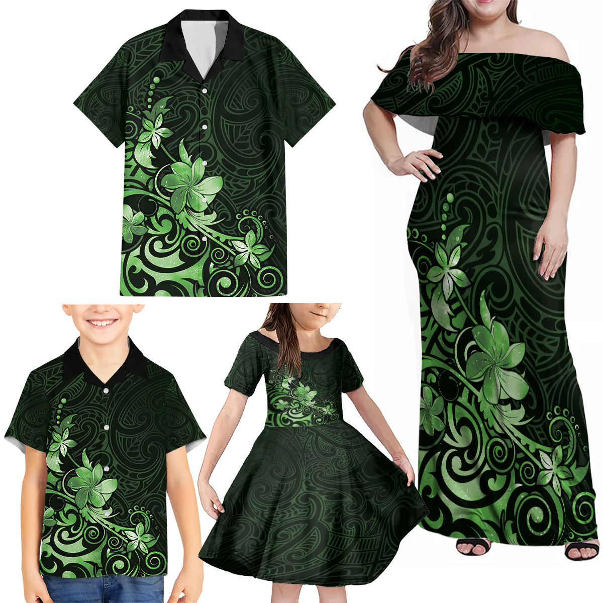 Matariki New Zealand Family Matching Off Shoulder Maxi Dress and Hawaiian Shirt Maori Pattern Green Galaxy