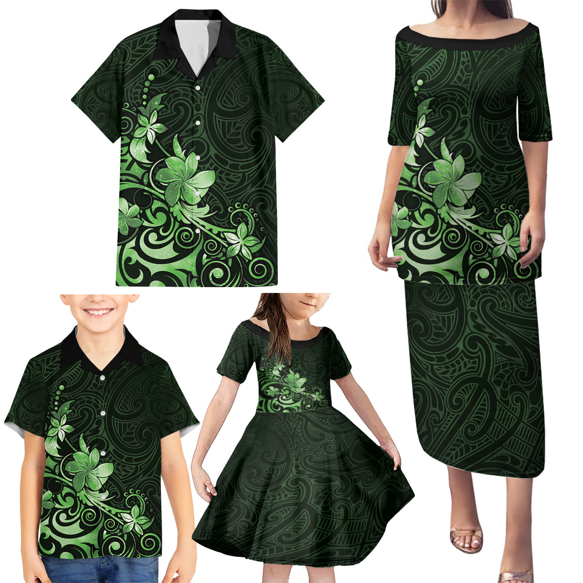 Matariki New Zealand Family Matching Puletasi and Hawaiian Shirt Maori Pattern Green Galaxy