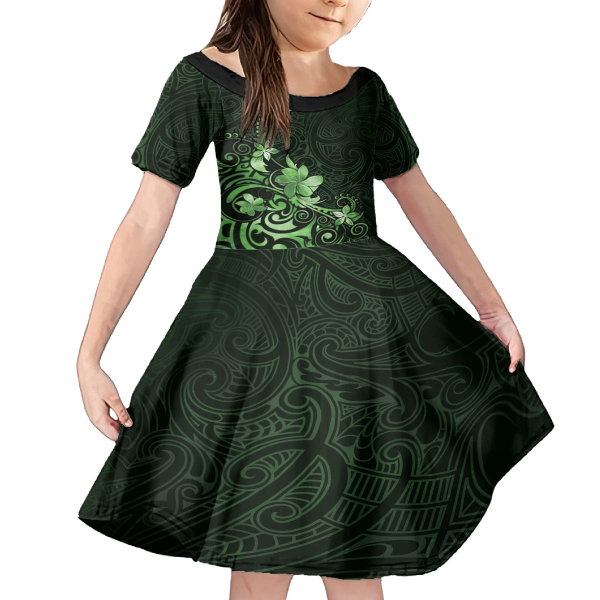 Matariki New Zealand Kid Short Sleeve Dress Maori Pattern Green Galaxy LT05 KID Green - Polynesian Pride