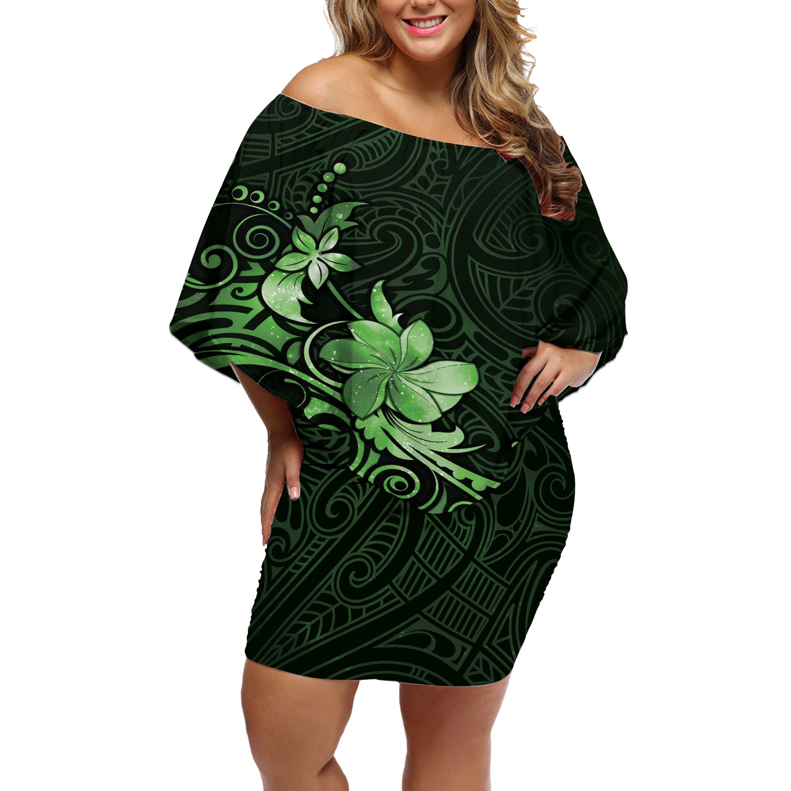 Matariki New Zealand Off Shoulder Short Dress Maori Pattern Green Galaxy