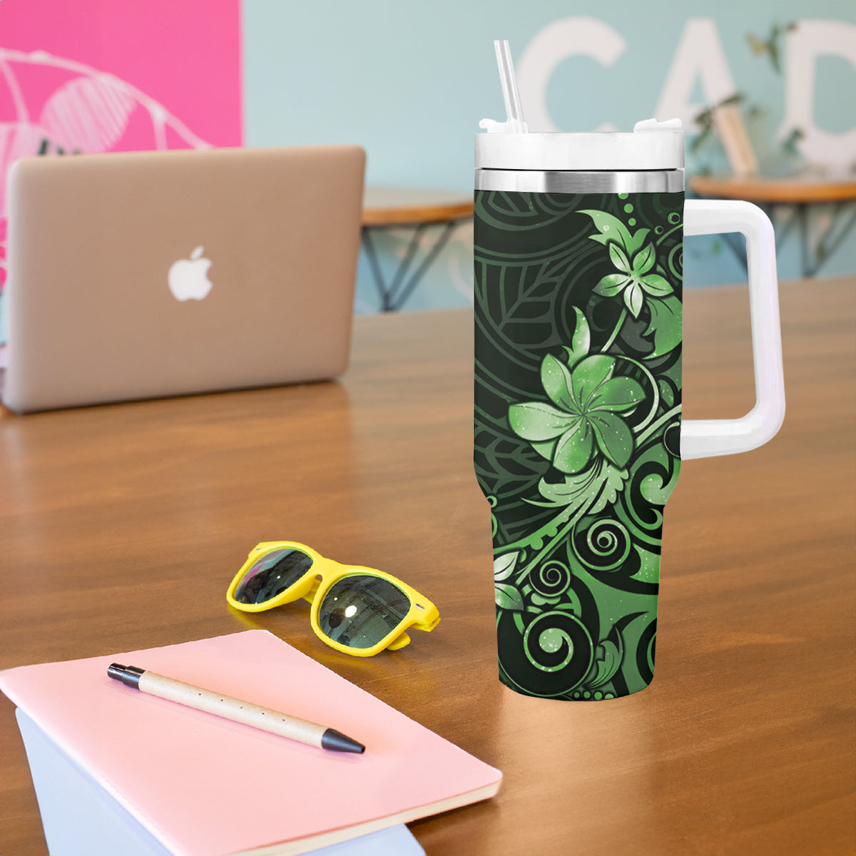 Matariki New Zealand Tumbler With Handle Maori Pattern Green Galaxy LT05 - Polynesian Pride