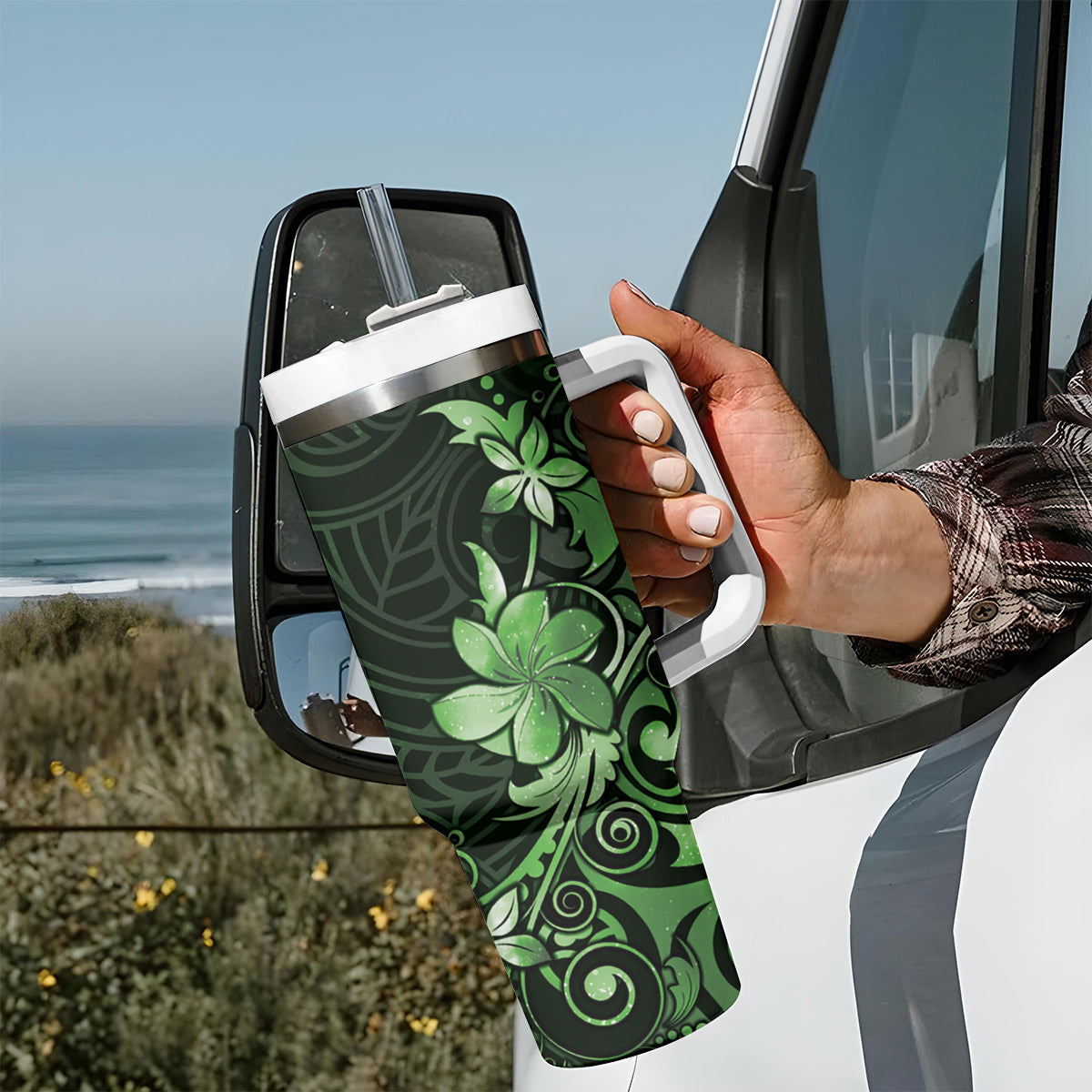 Matariki New Zealand Tumbler With Handle Maori Pattern Green Galaxy LT05 - Polynesian Pride