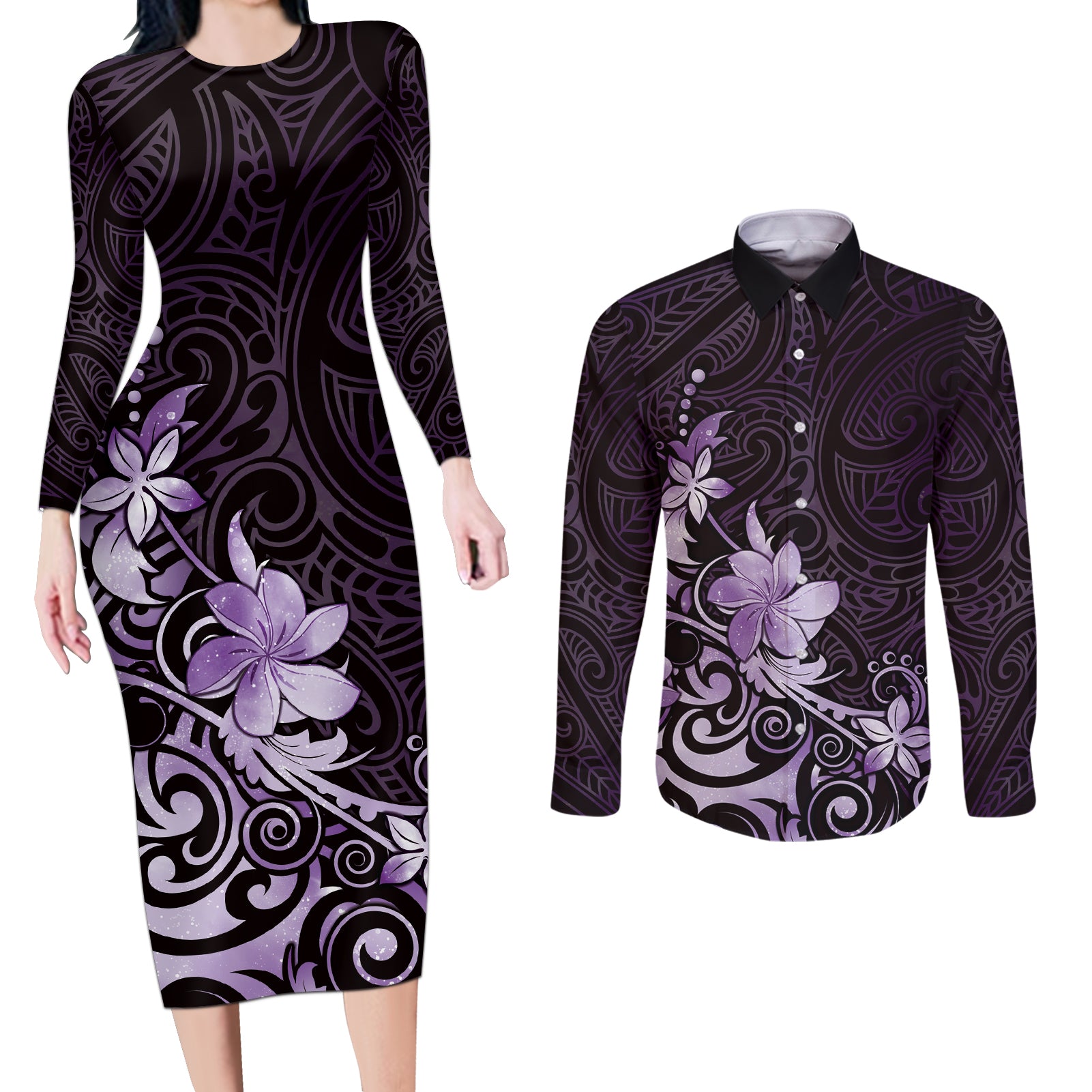 Matariki New Zealand Couples Matching Long Sleeve Bodycon Dress and Long Sleeve Button Shirt Maori Pattern Purple Galaxy