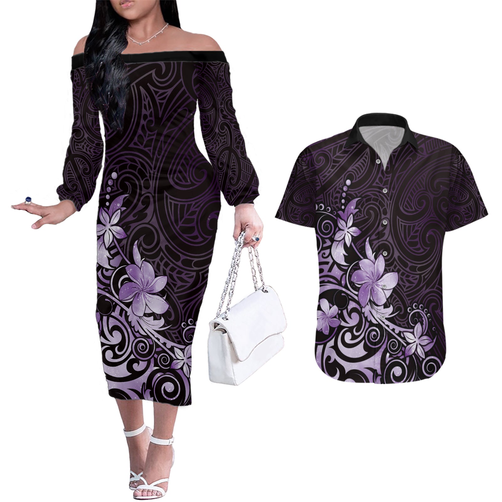 Matariki New Zealand Couples Matching Off The Shoulder Long Sleeve Dress and Hawaiian Shirt Maori Pattern Purple Galaxy