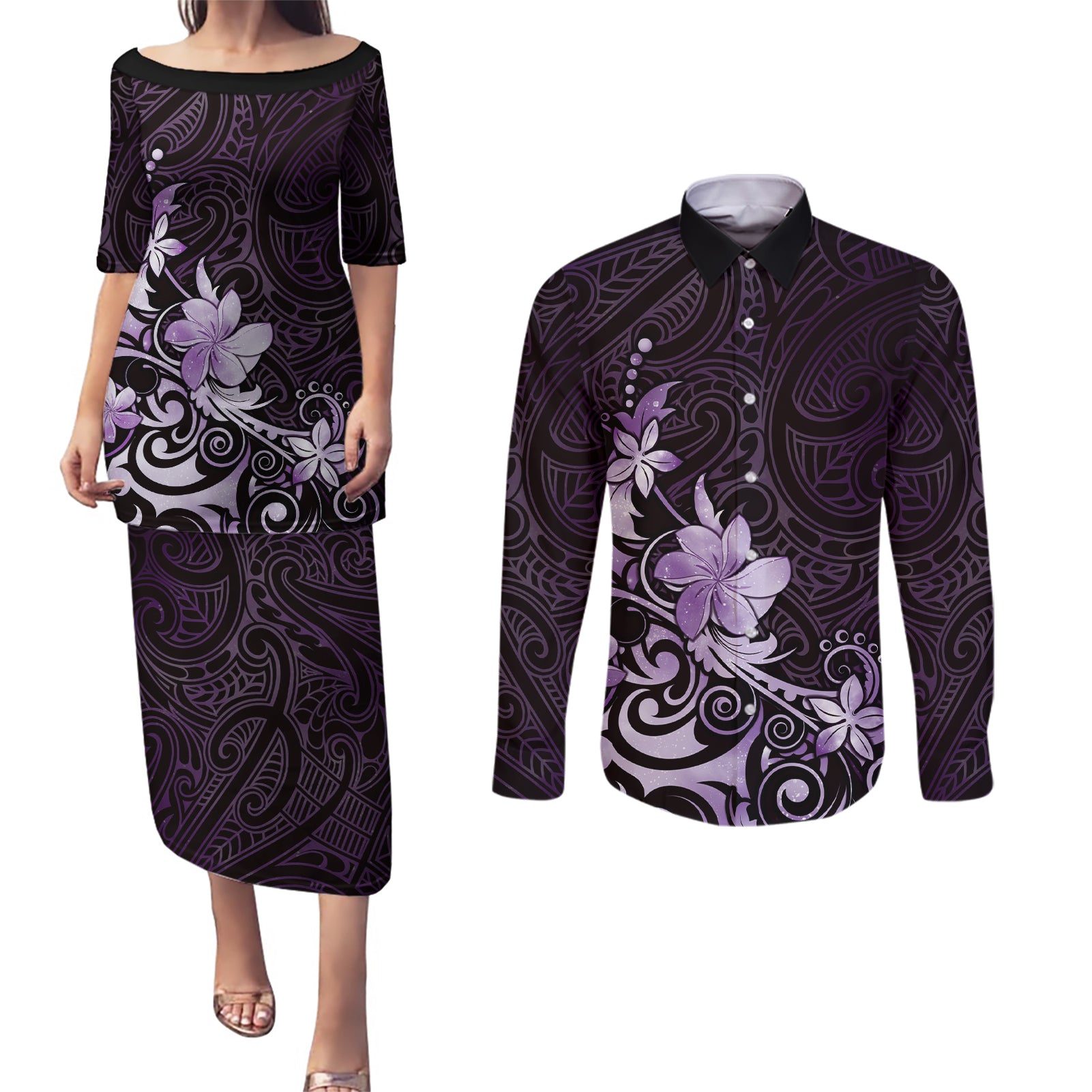 Matariki New Zealand Couples Matching Puletasi and Long Sleeve Button Shirt Maori Pattern Purple Galaxy