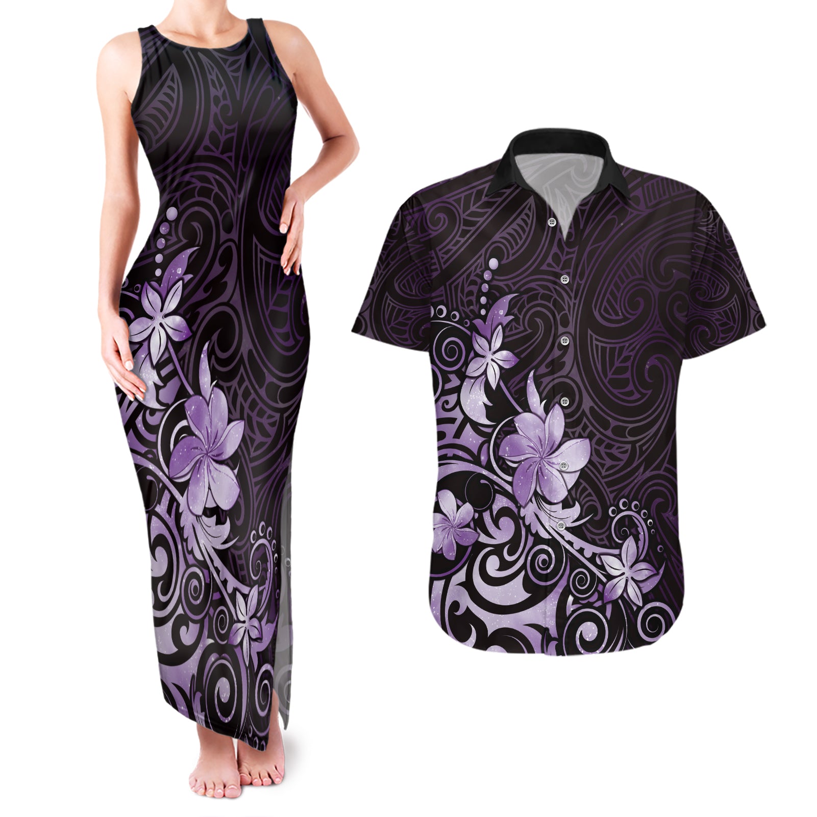 Matariki New Zealand Couples Matching Tank Maxi Dress and Hawaiian Shirt Maori Pattern Purple Galaxy