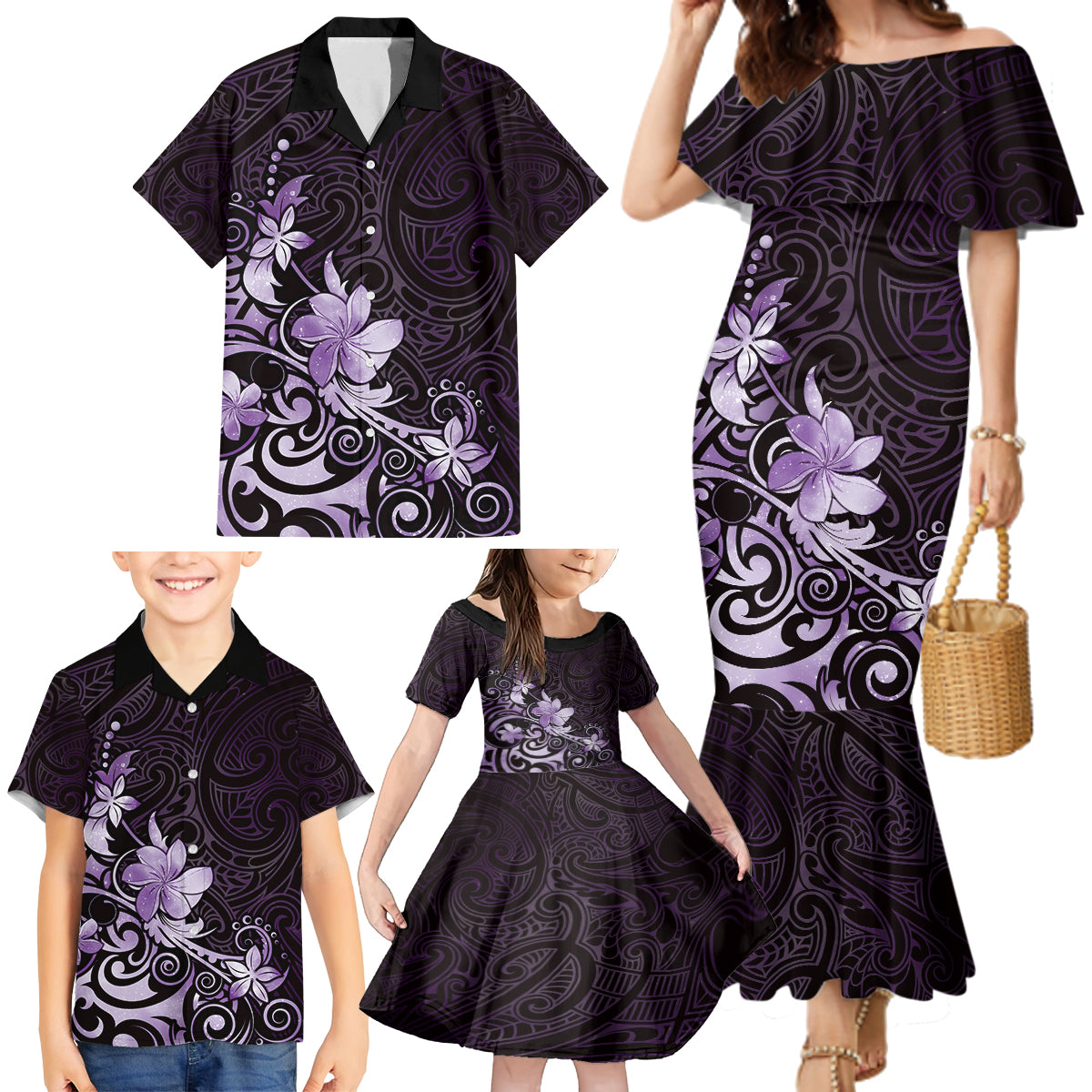 Matariki New Zealand Family Matching Mermaid Dress and Hawaiian Shirt Maori Pattern Purple Galaxy