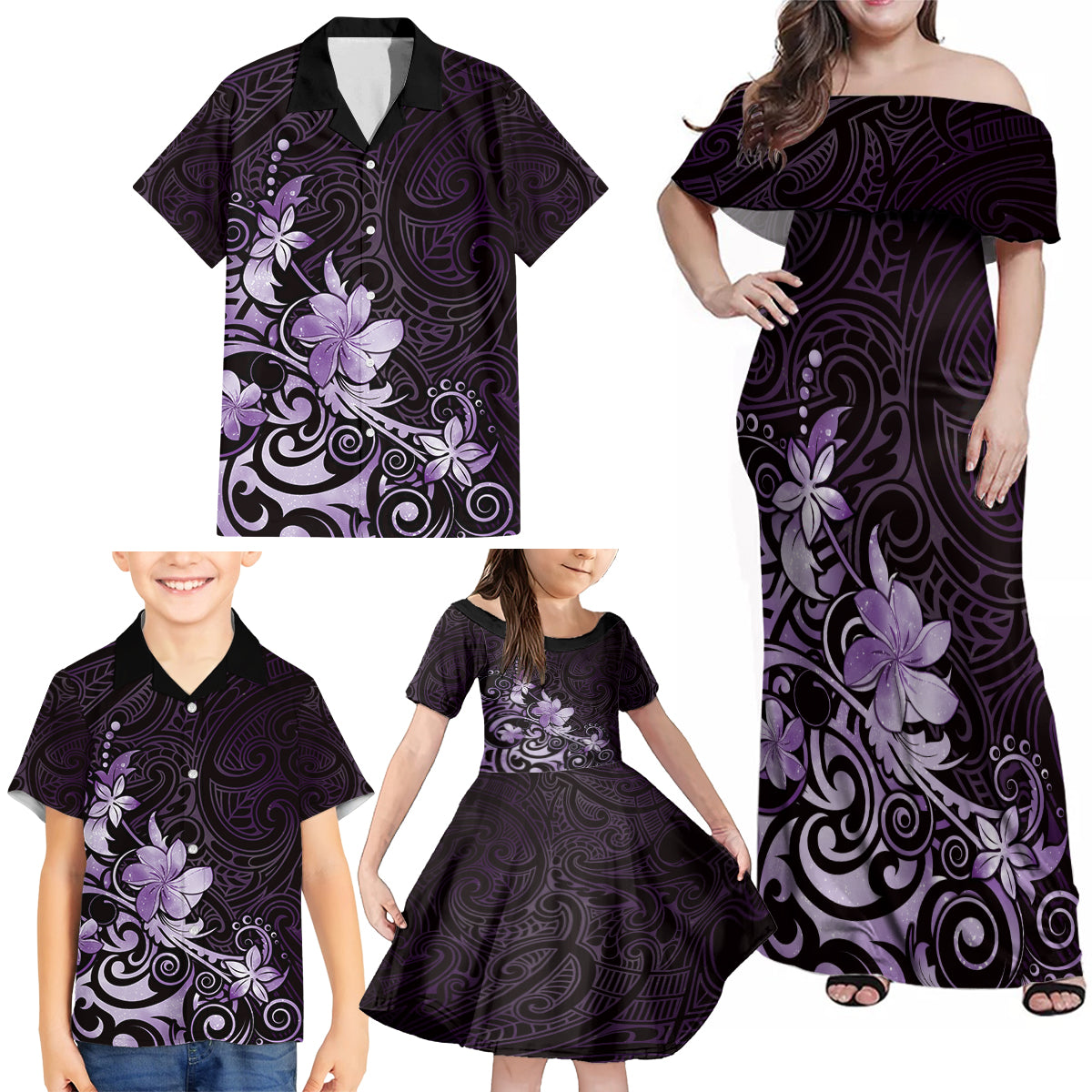 Matariki New Zealand Family Matching Off Shoulder Maxi Dress and Hawaiian Shirt Maori Pattern Purple Galaxy