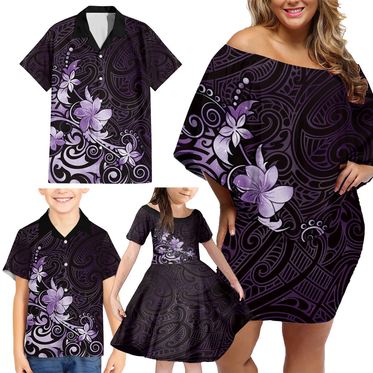 Matariki New Zealand Family Matching Off Shoulder Short Dress and Hawaiian Shirt Maori Pattern Purple Galaxy