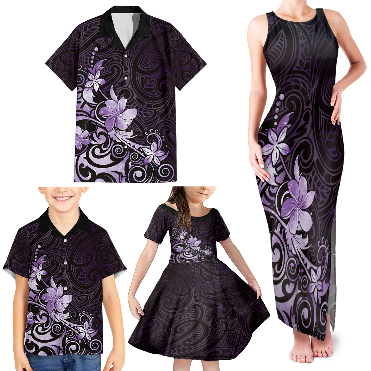 Matariki New Zealand Family Matching Tank Maxi Dress and Hawaiian Shirt Maori Pattern Purple Galaxy