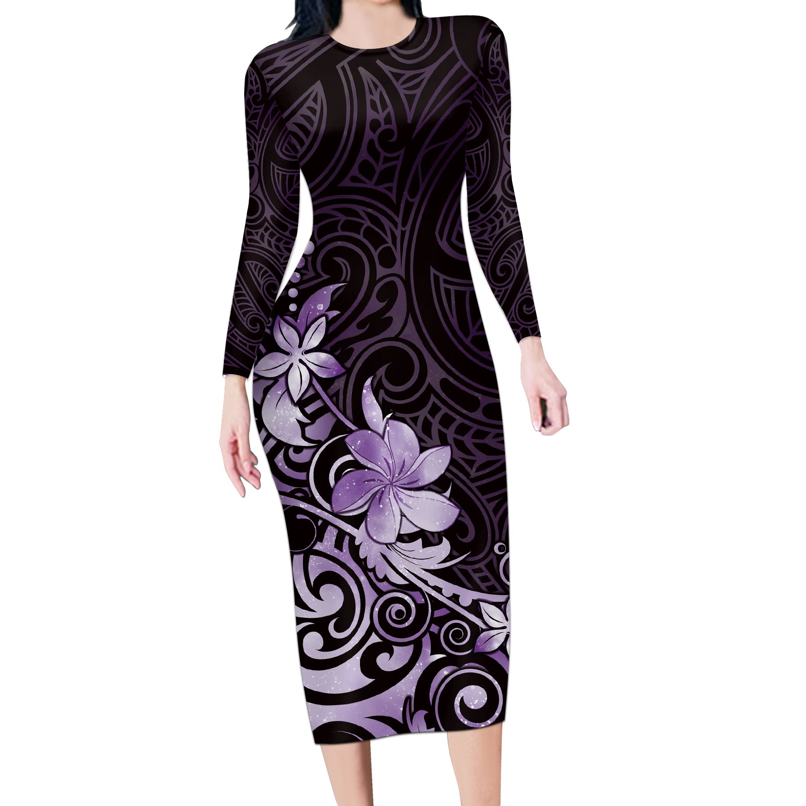 Matariki New Zealand Long Sleeve Bodycon Dress Maori Pattern Purple Galaxy