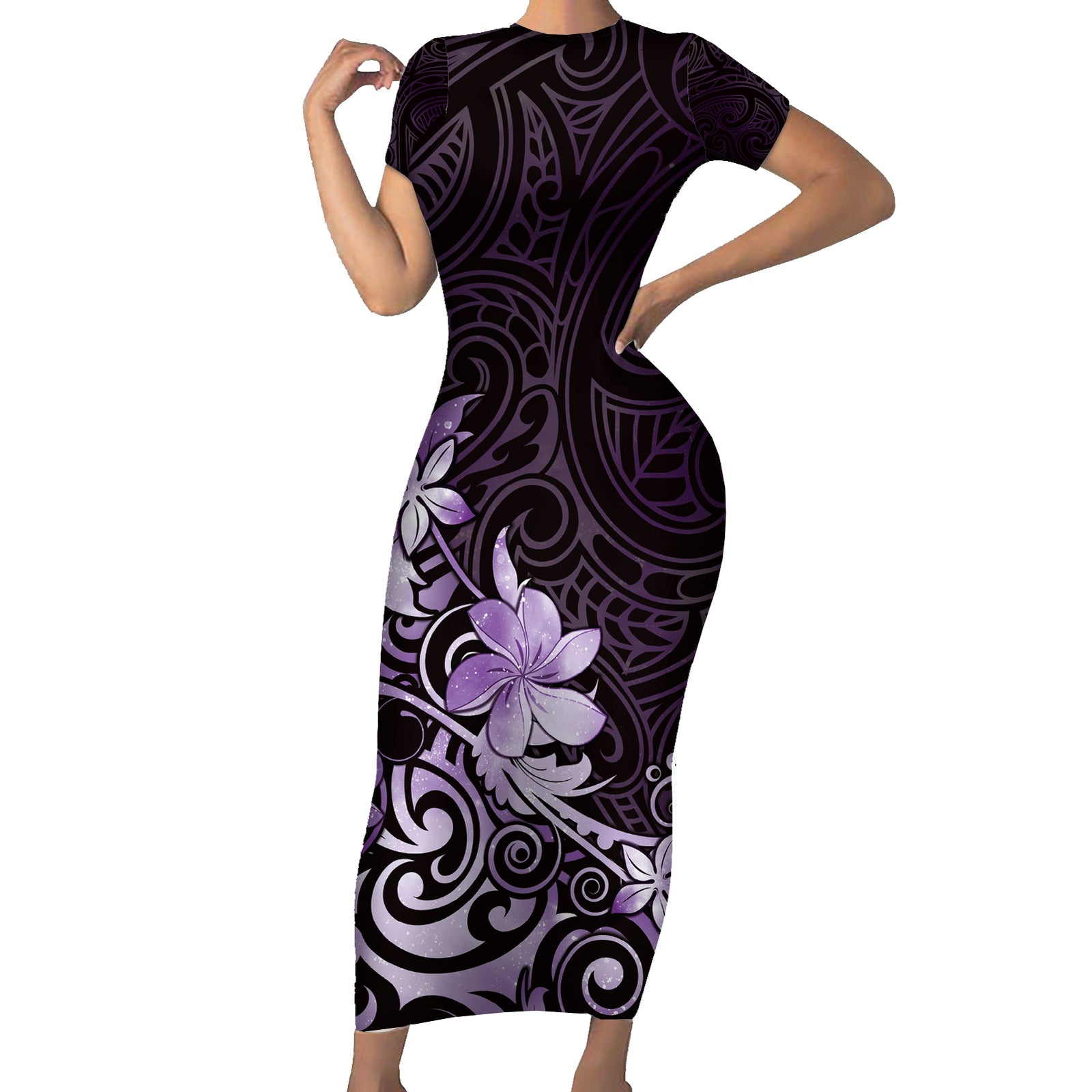Matariki New Zealand Short Sleeve Bodycon Dress Maori Pattern Purple Galaxy LT05 Long Dress Purple - Polynesian Pride