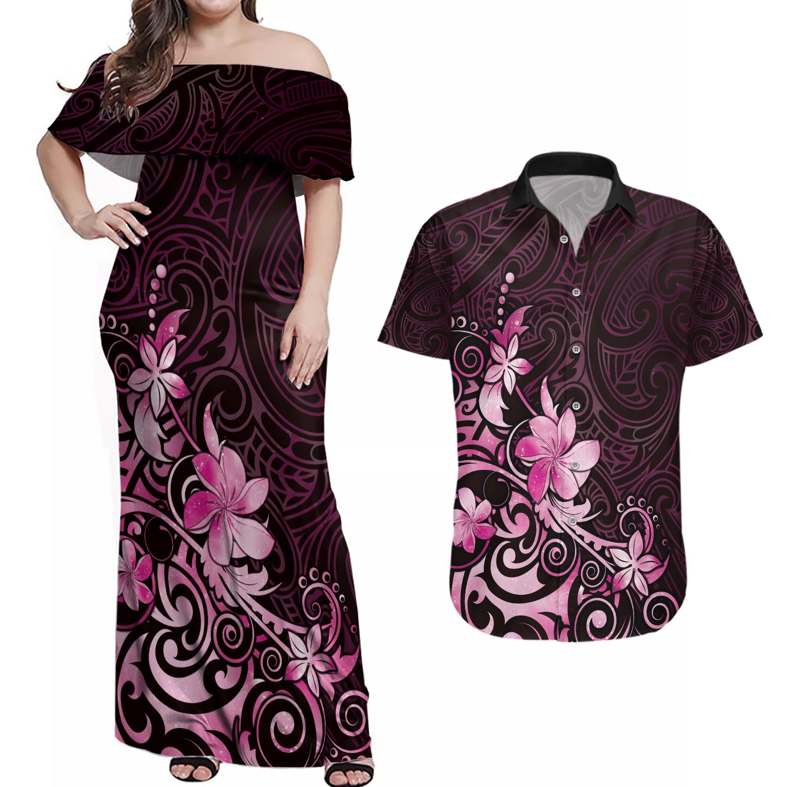 Matariki New Zealand Couples Matching Off Shoulder Maxi Dress and Hawaiian Shirt Maori Pattern Pink Galaxy