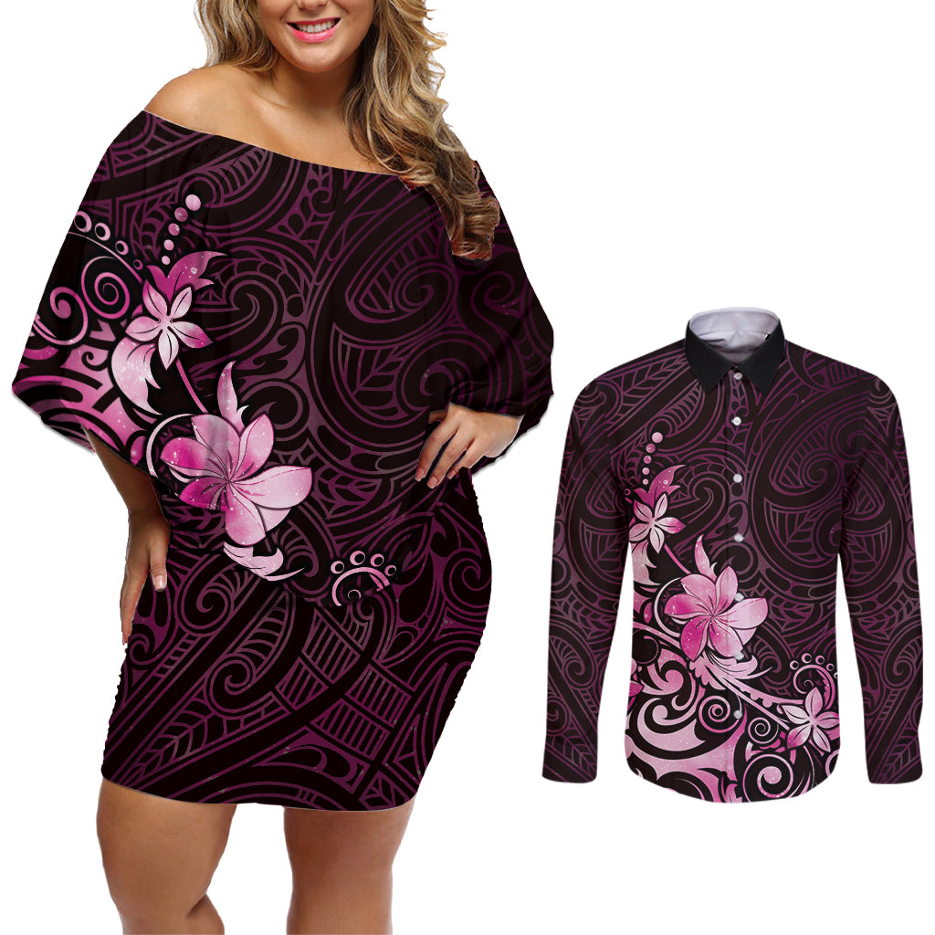 Matariki New Zealand Couples Matching Off Shoulder Short Dress and Long Sleeve Button Shirt Maori Pattern Pink Galaxy