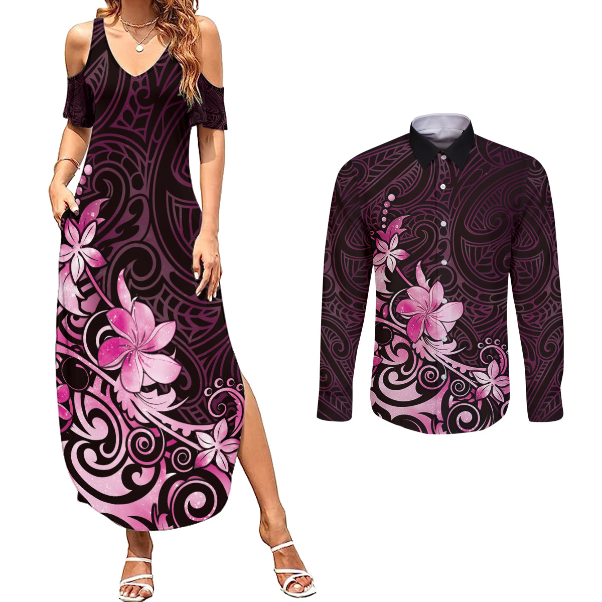 Matariki New Zealand Couples Matching Summer Maxi Dress and Long Sleeve Button Shirt Maori Pattern Pink Galaxy