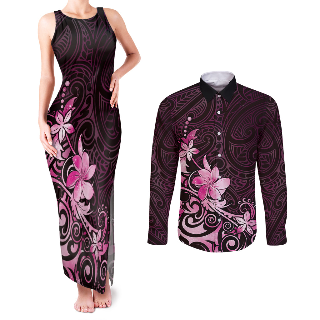 Matariki New Zealand Couples Matching Tank Maxi Dress and Long Sleeve Button Shirt Maori Pattern Pink Galaxy