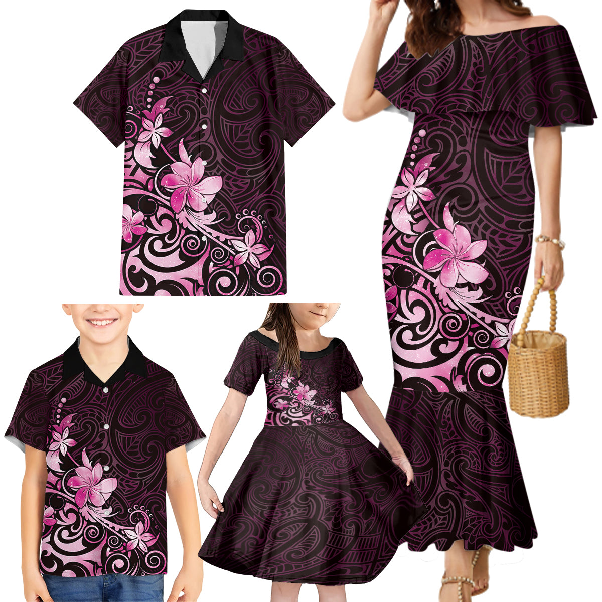 Matariki New Zealand Family Matching Mermaid Dress and Hawaiian Shirt Maori Pattern Pink Galaxy