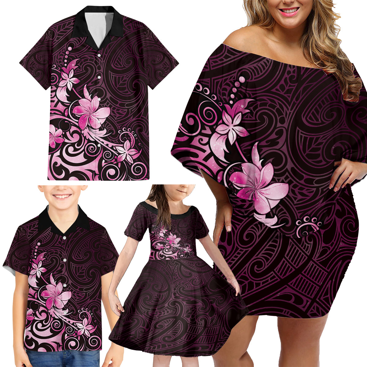 Matariki New Zealand Family Matching Off Shoulder Short Dress and Hawaiian Shirt Maori Pattern Pink Galaxy