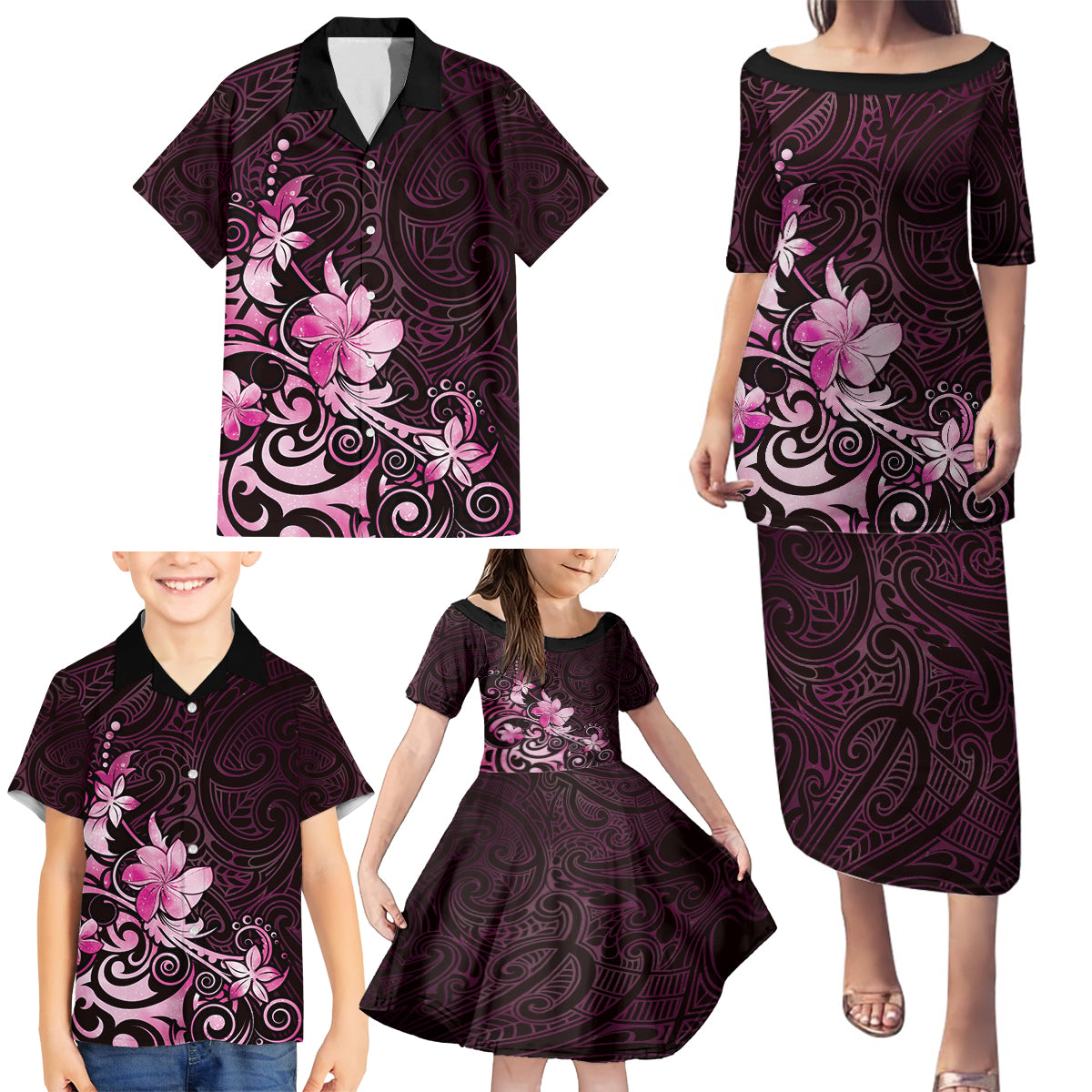 Matariki New Zealand Family Matching Puletasi and Hawaiian Shirt Maori Pattern Pink Galaxy