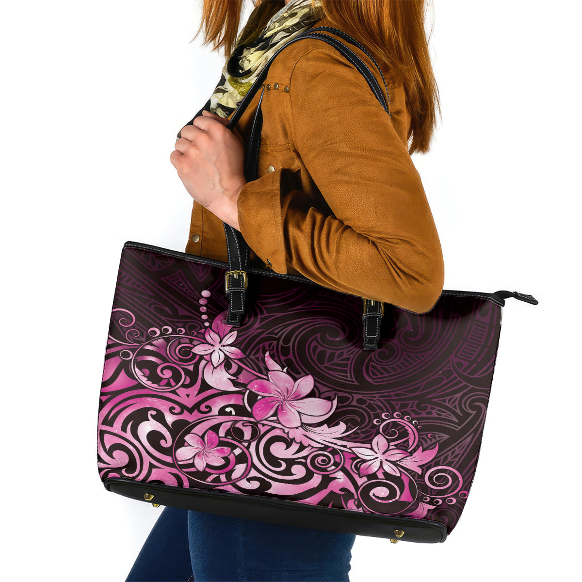 Matariki New Zealand Leather Tote Bag Maori Pattern Pink Galaxy